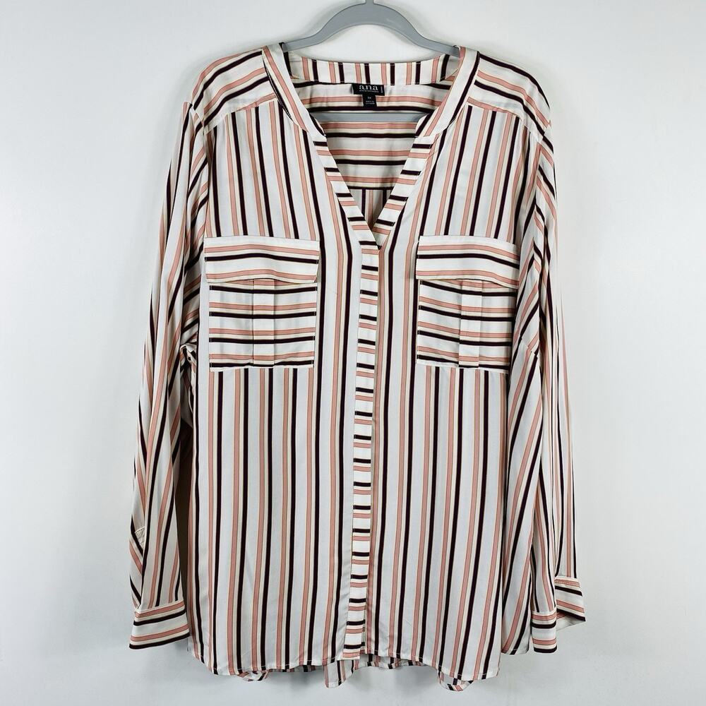 A.N.A A New Approach Top 3X Striped Long Sleeve Button Blouse